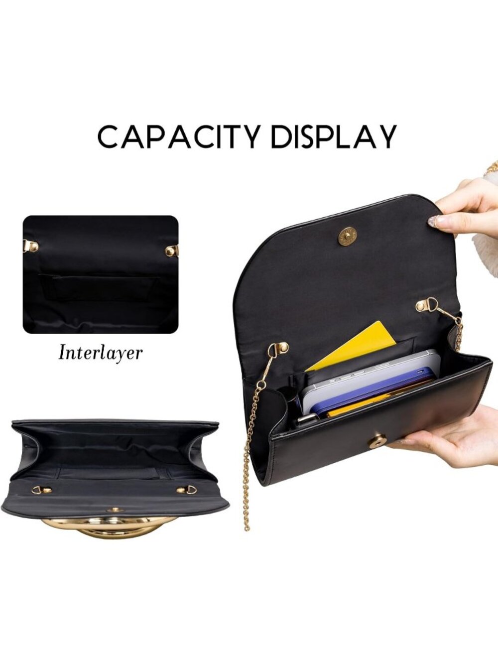 Women's Black Leather Clutch Purse For Gold Handle Evening Wedding Party Bag - Picture 4 of 7